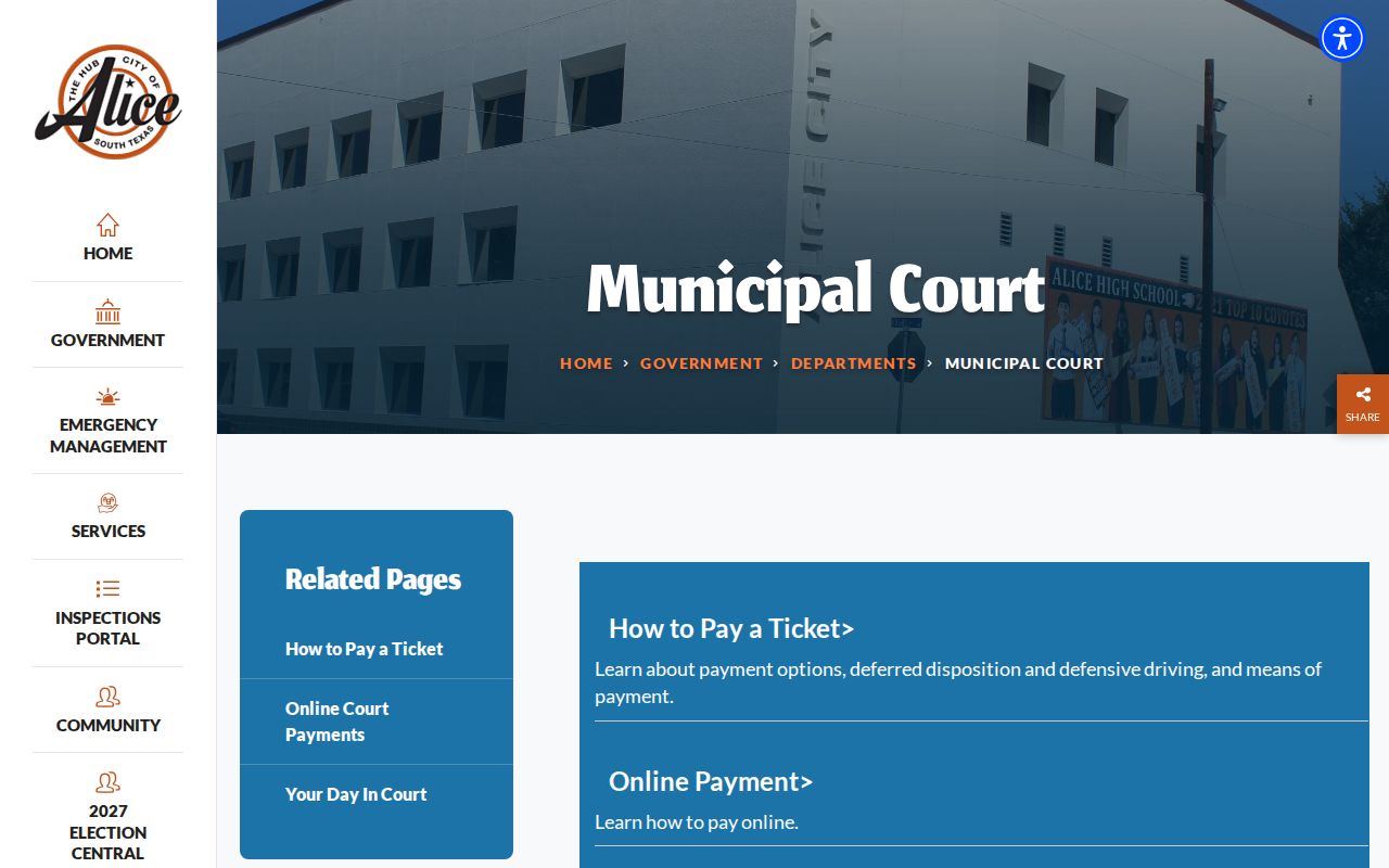 Alice court records route on the official municipal court page